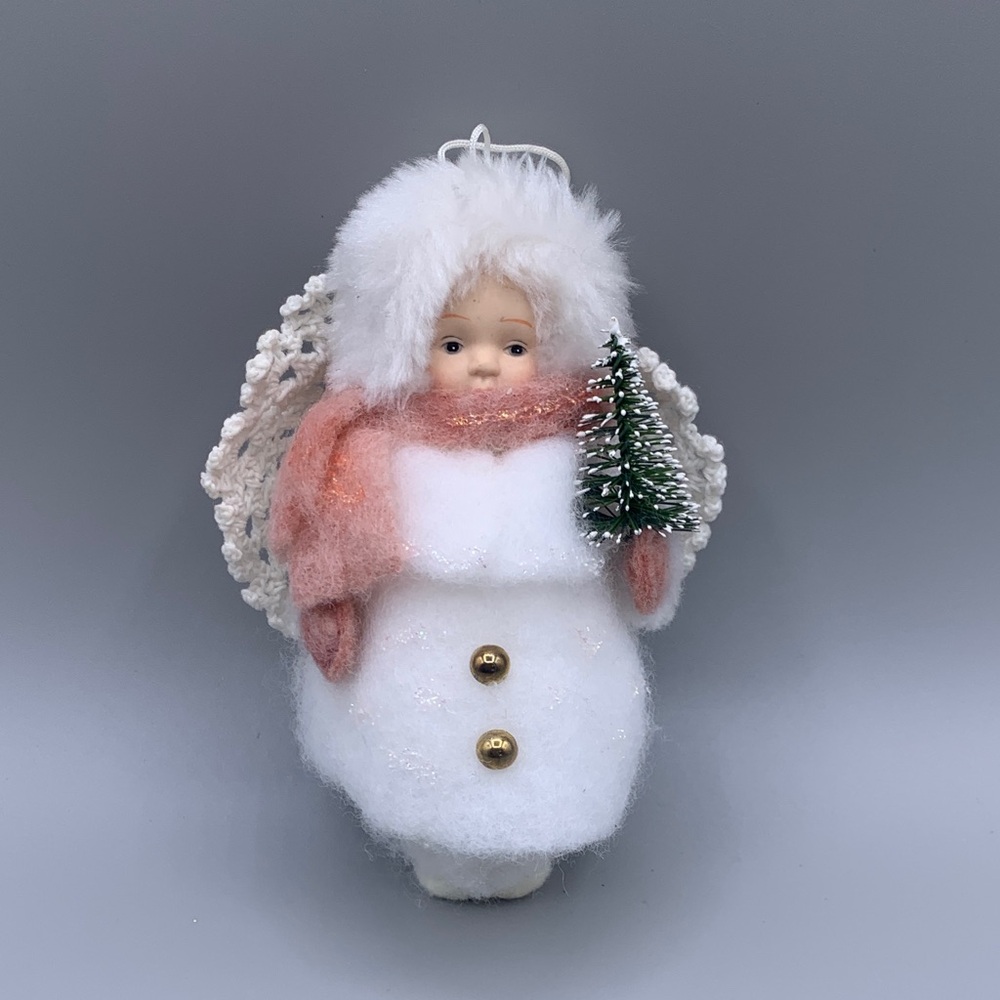 Spun Cotton Snow Baby Porcelain Face Christmas Ornament Pink Bottle Brush Tree